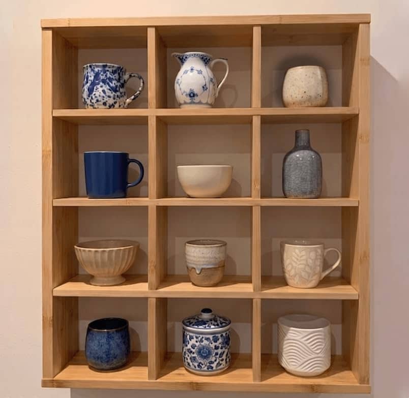Pine Wood Wall Mounted 12-Compartment Display Shelf | Wooden Storage Organizer for Mugs, Cups and Collectibles