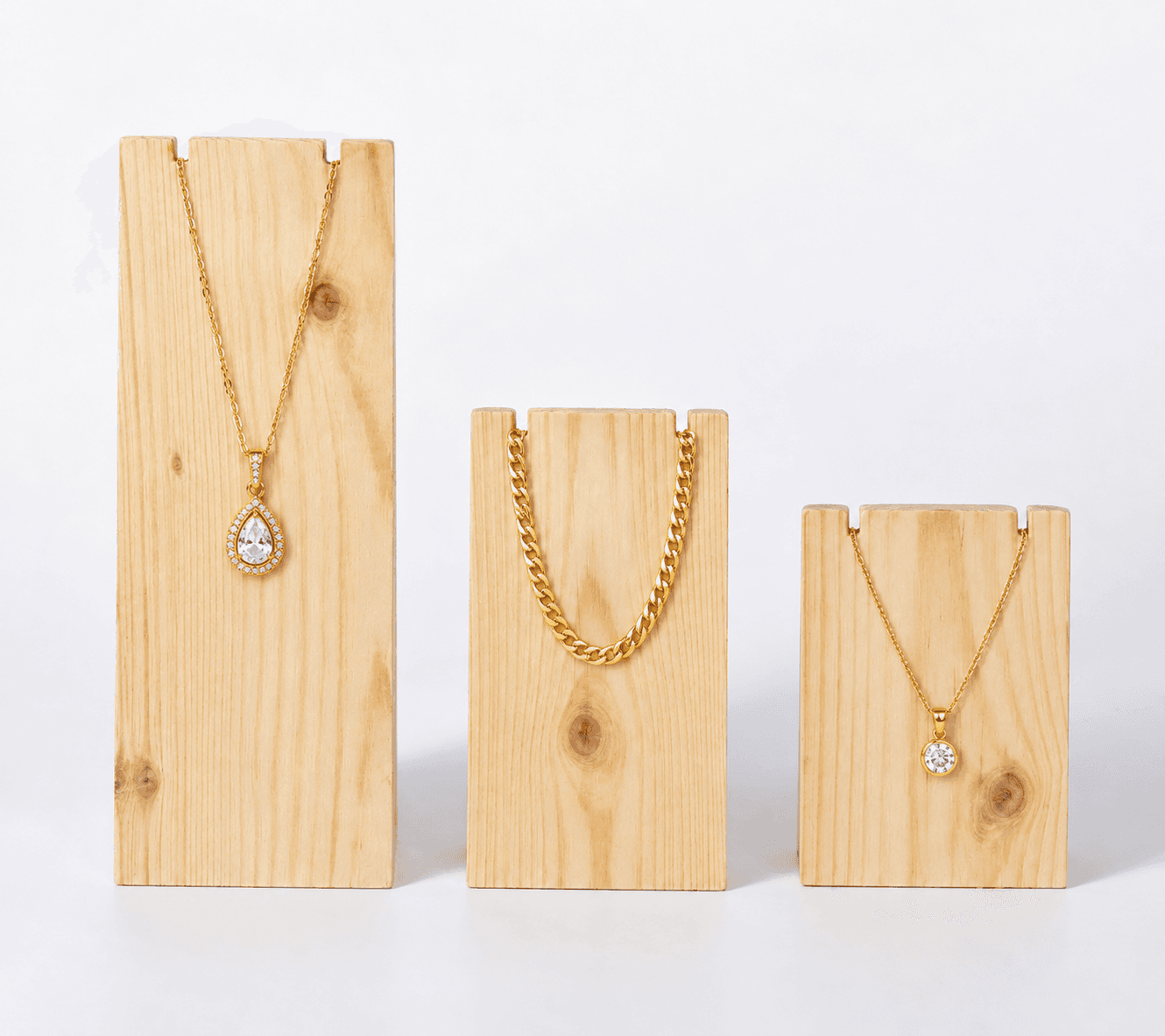 Pine Wood Necklace Display Stand Set | 3-Piece Jewellery Holder for Necklaces, Chains & Pendants-natural
