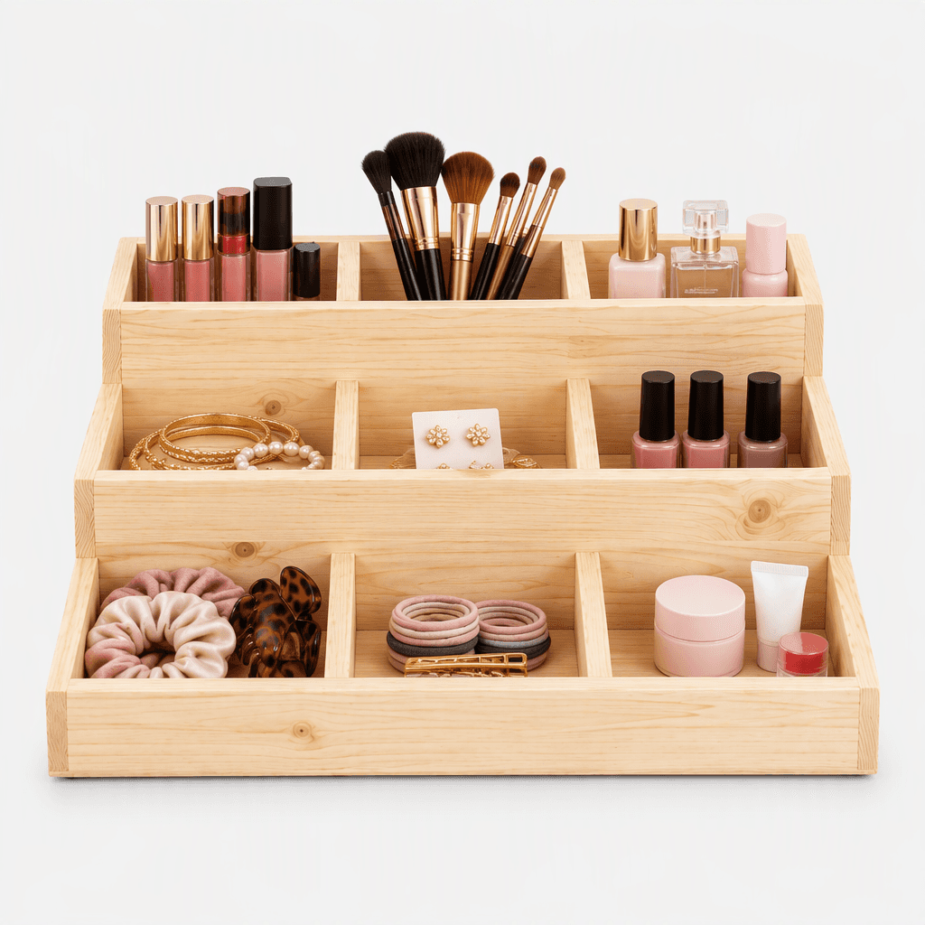 3-Tier Pine Wood Organizer Display Stand with Compartments for Countertop Storage & Display-natural