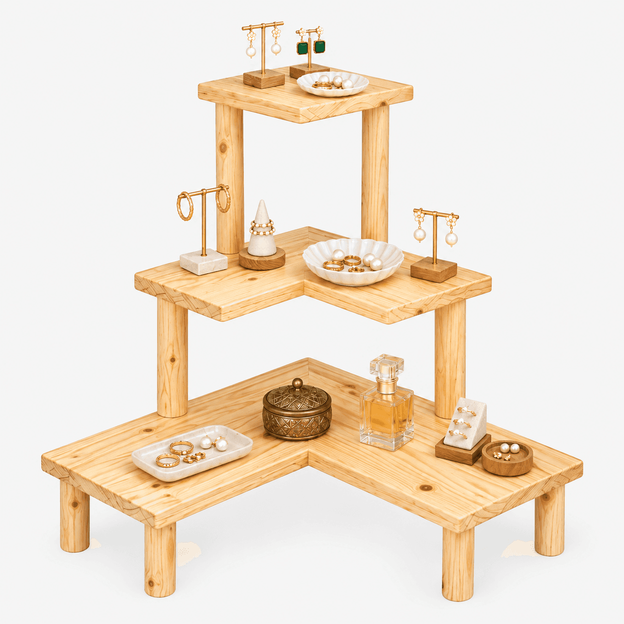 3-Tier Wooden Corner Display Stand, Pine Wood Shelf Riser for Jewellery display