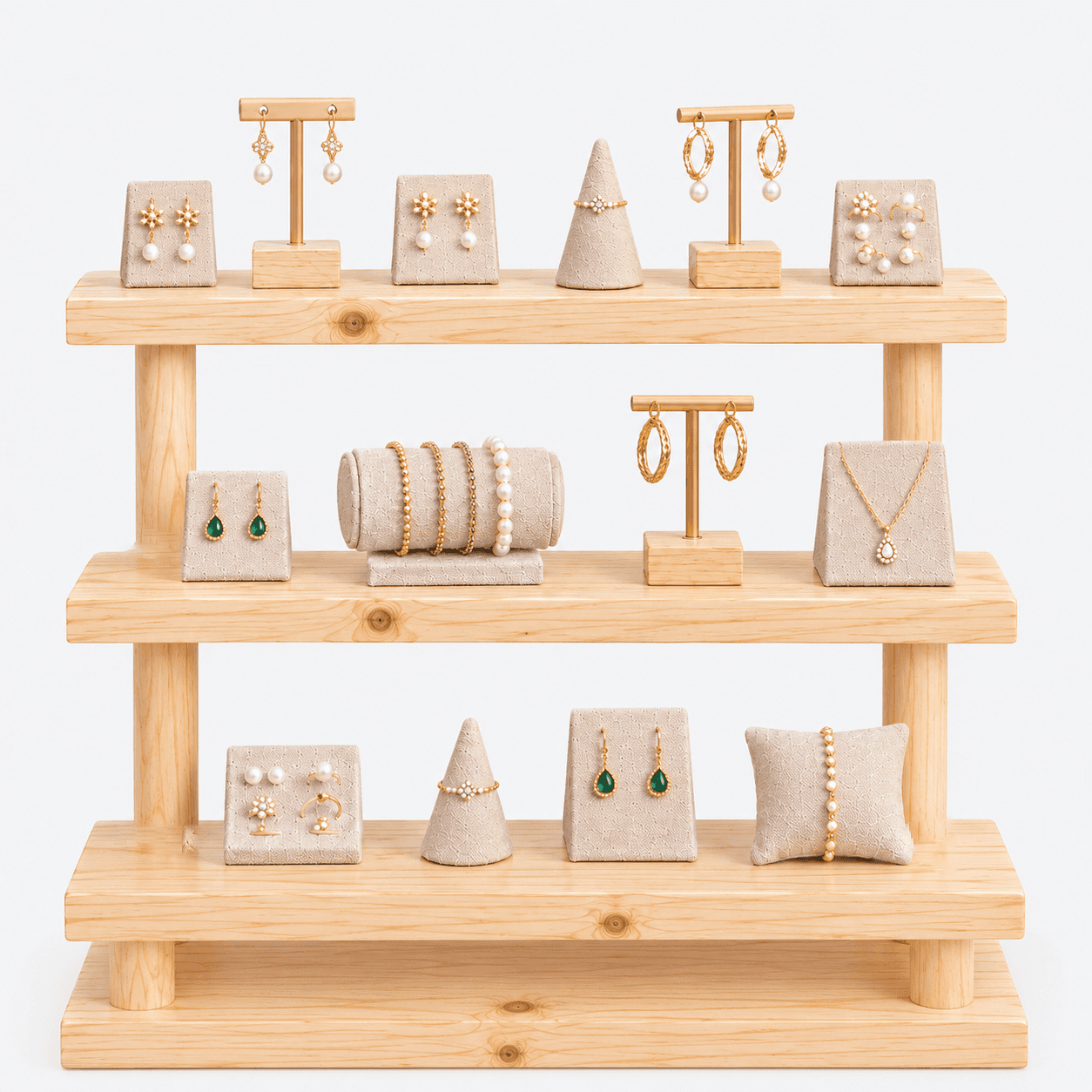 Multi-Tier Wooden Display Stand, Pine Wood Tiered Shelf Riser for Jewellery display