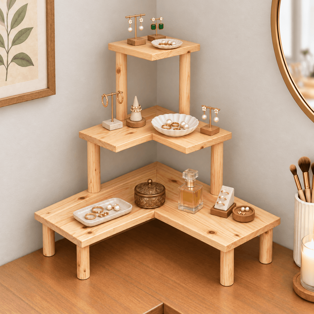3-Tier Wooden Corner Display Stand, Pine Wood Shelf Riser for Jewellery display-natural