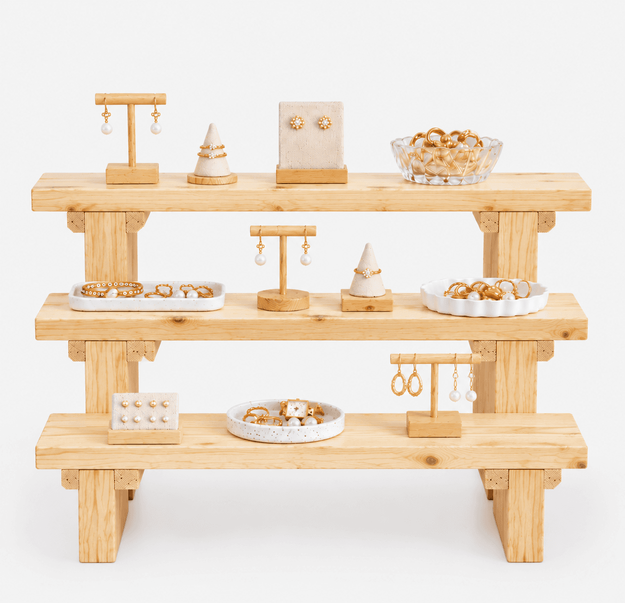 3-Tier Wooden Display Stand, Pine Wood Shelf Riser for Jewellery Display