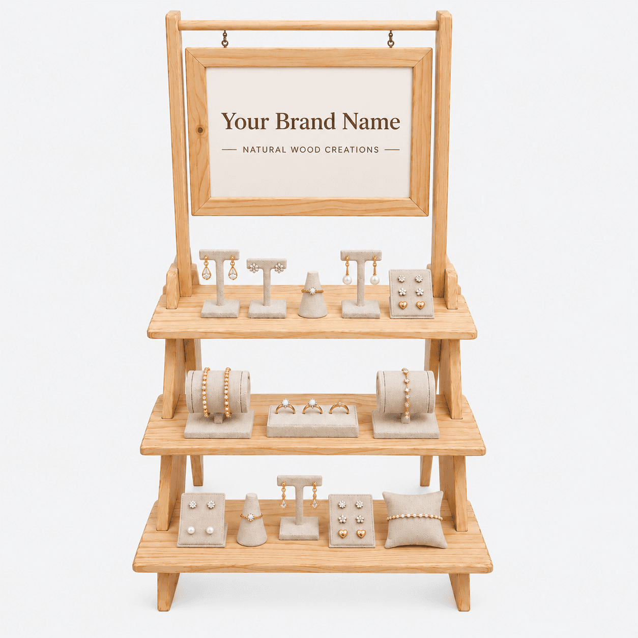 3-Tier Pine Wood Display Stand with Hanging Sign Frame