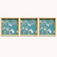 Teal Floral Wooden Serving Tray, Pure Wood, Natural Matt Polished, 12x12 Inch, Set of 3, Multipurpose Home Decor