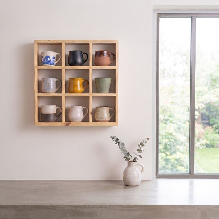 Natural 4.5x4.5" 9-Slot Open Back Mug Wall Rack | Woodwolf - Modern Home Decor & Room Styling