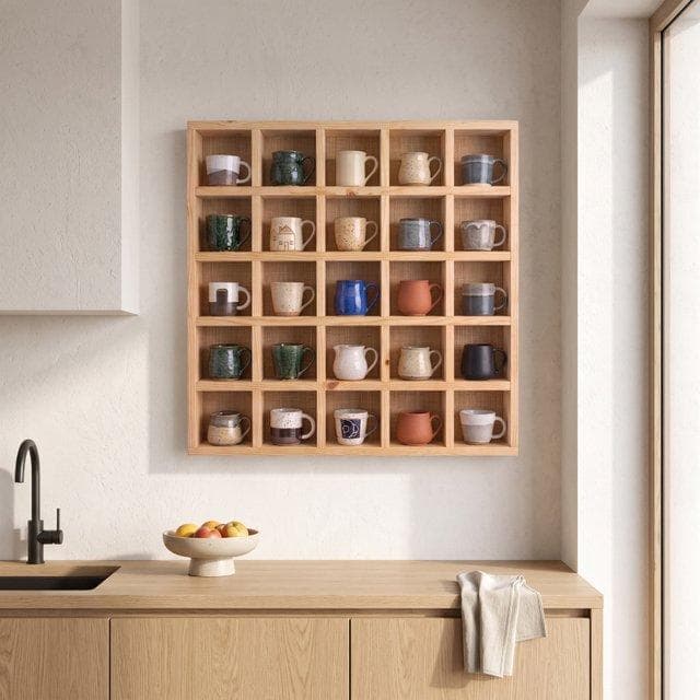 Woodwolf® 5x5 Pine Wood Mug Rack | 25 Compartment Wall Mounted Coffee Cup Storage Rack | Jute Back Panel-natural-4.5x4.5 Inch
