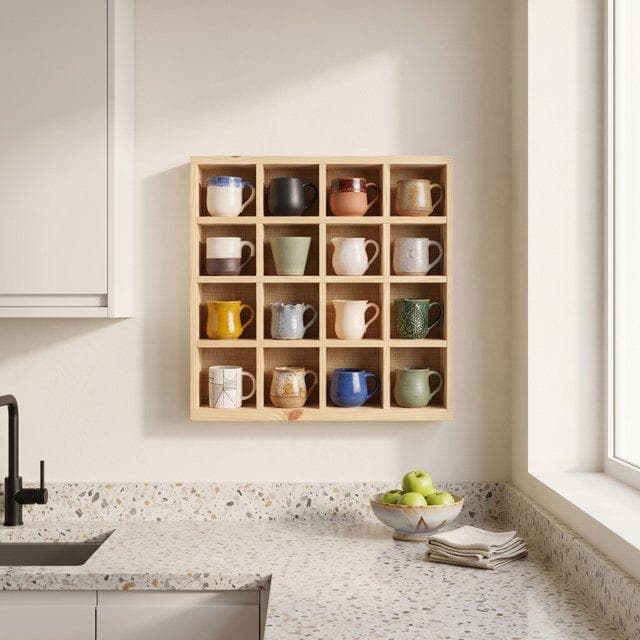 Woodwolf® 4x4 Pine Wood Mug Rack | 16 Compartment Wall Mounted Coffee Cup Storage Rack | Jute Back Panel-natural-4.5x4.5 Inch