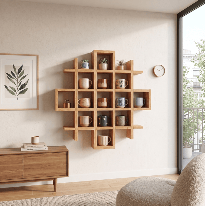 Woodwolf® Pine Wood Wall Mounted Mug Rack | Multi-Compartment Coffee Cup Organizer-natural-4.5x4.5 Inch