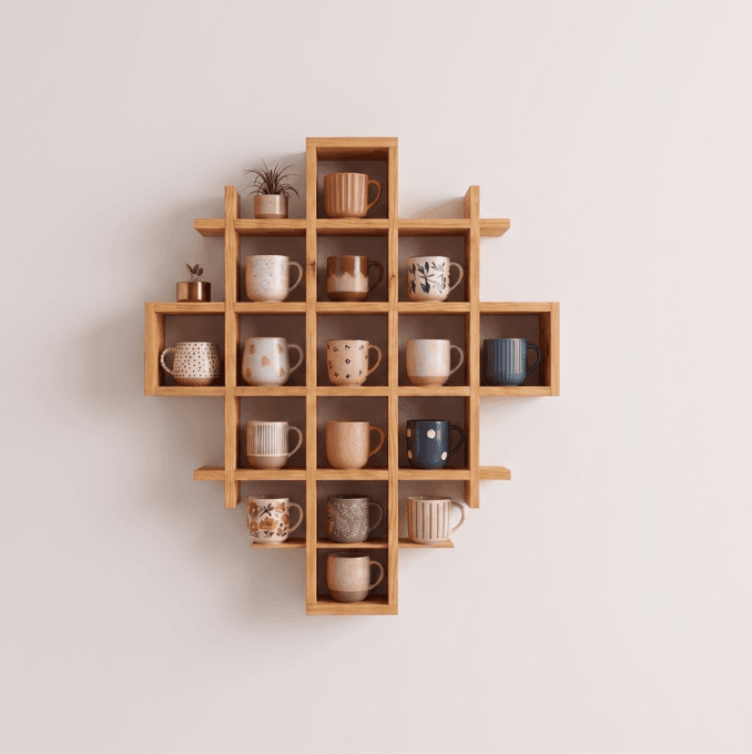 Woodwolf® Pine Wood Wall Mounted Mug Rack | Multi-Compartment Coffee Cup Storage & Display Rack-natural