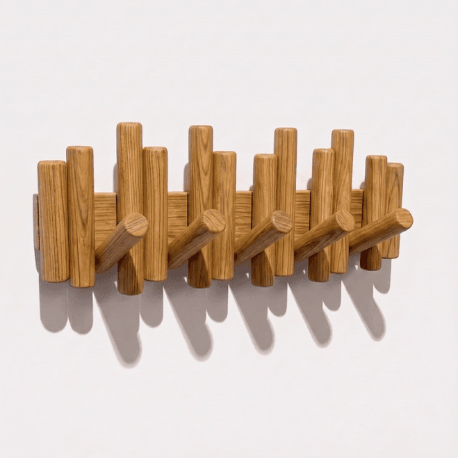 Woodwolf® Solid Sagvan Teak Wood Wall Mounted Coat Hanger | Wooden Clothes Hook Rack with 5 Pegs for Bedroom & Bathroom-natural