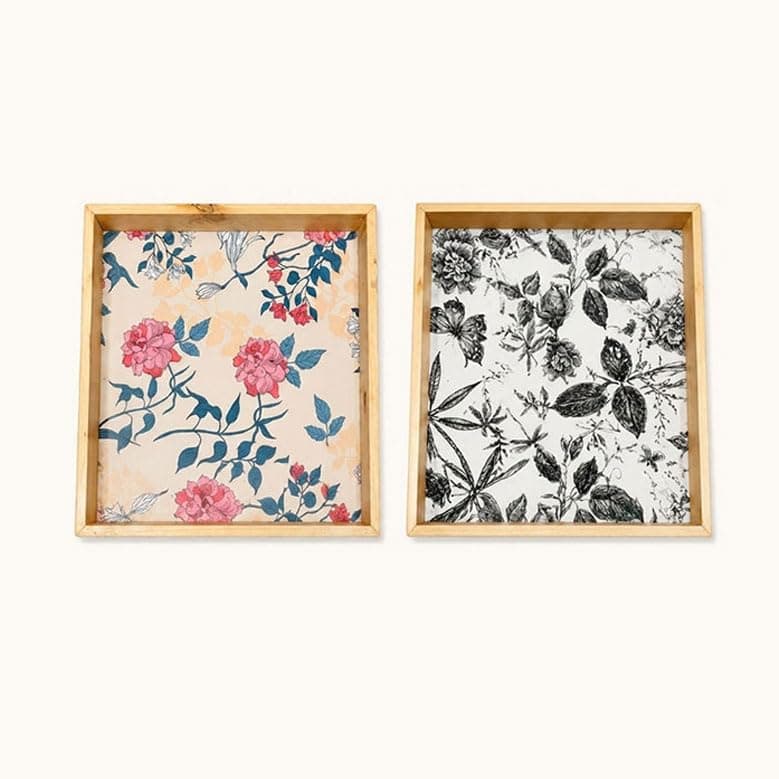 Woodwolf® Wooden Serving Tray Set of 2, Floral Pattern, Natural Clear Matte Finish, Farmhouse Style