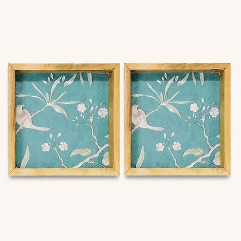 Woodwolf® Wooden Serving Tray Set of 2, Teal Floral Pattern, 12x12 Inch, Natural Clear Matte Finish, Farmhouse Style, for Coffee Table & Home Décor