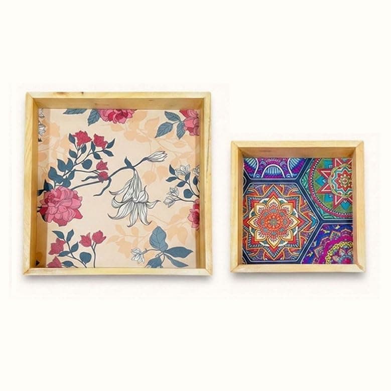 Woodwolf® Wooden Serving Tray Set of 2 Decorative Printed Nesting Trays for Tea, Snacks & Home Decor
