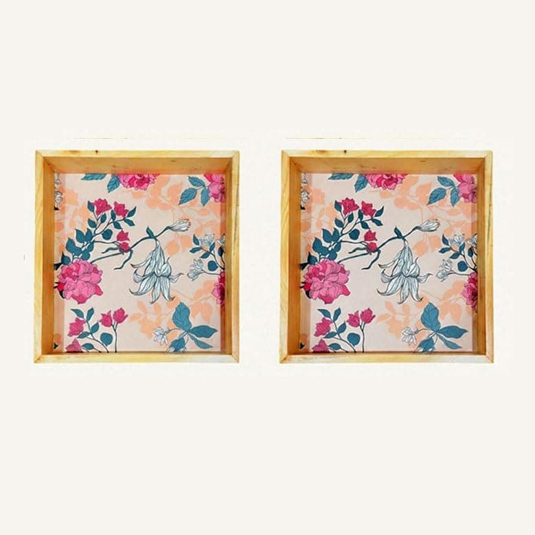 Woodwolf® Wooden Serving Tray, Floral Pattern, Natural Clear Matte Finish, Rectangular, Farmhouse Style, Set of 2