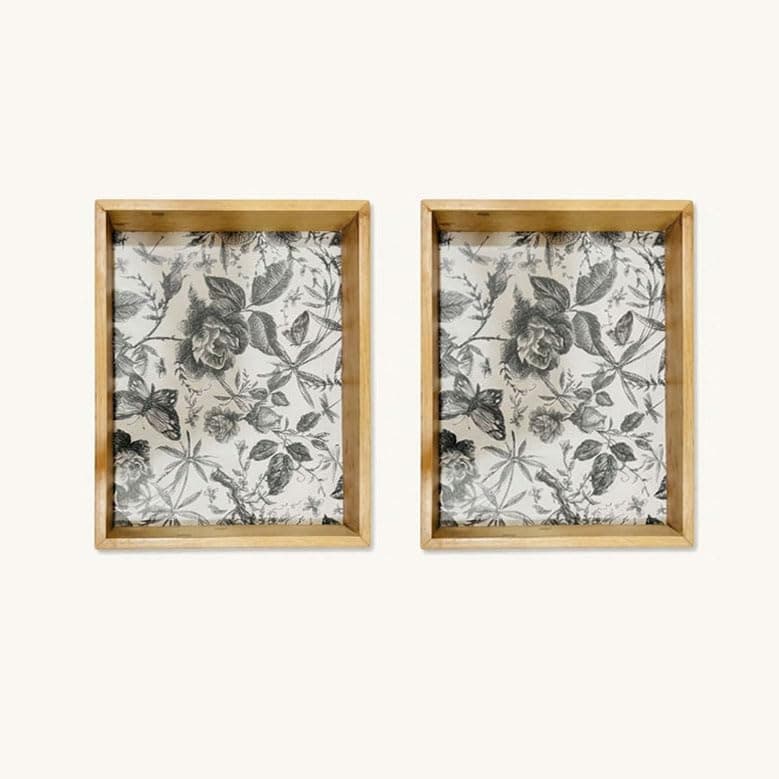 Woodwolf® Wooden Serving Tray, Black and White Floral Print, Rectangular, Natural Clear Matte Finish, 15x10 Inch, Set of 2