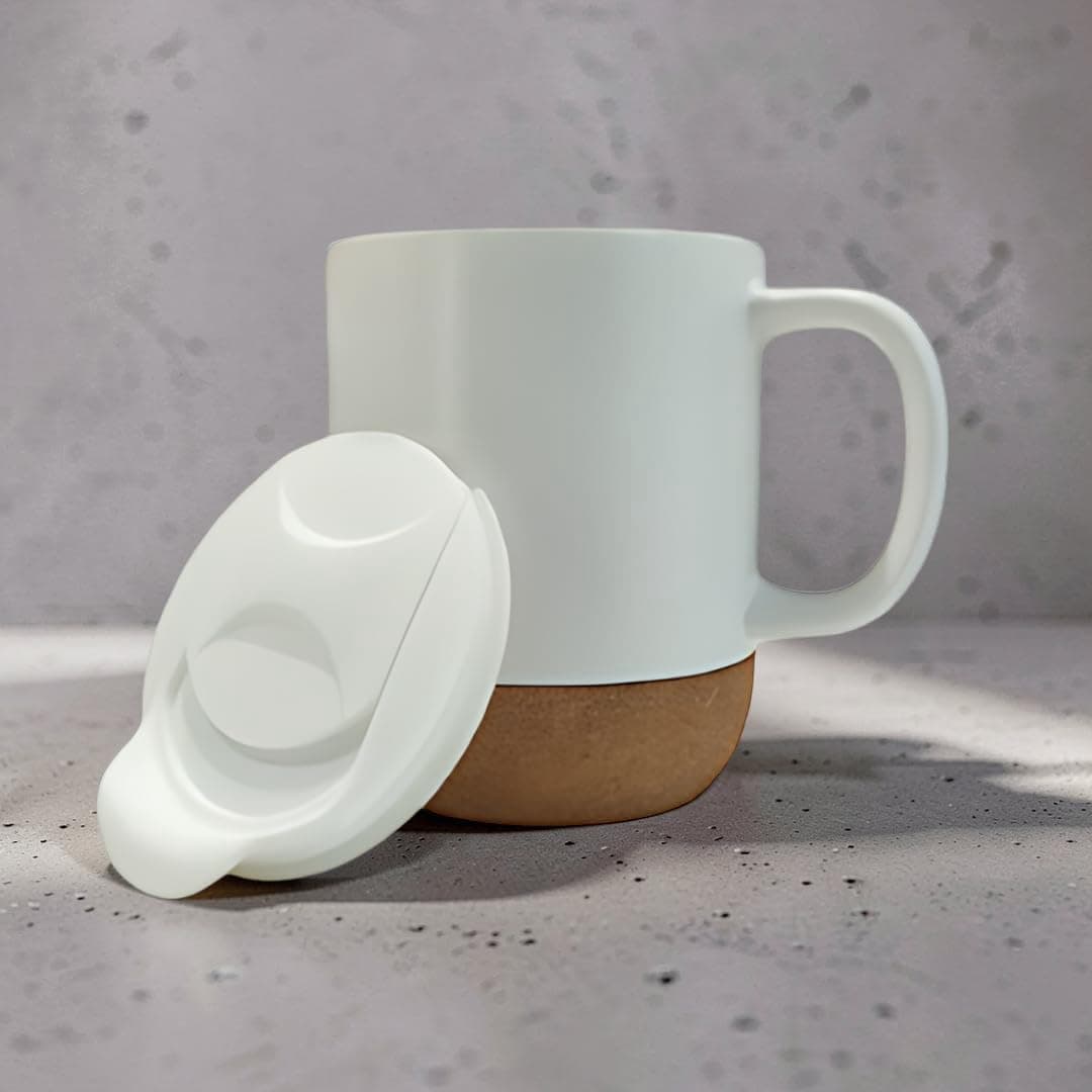 Woodwolf® Ceramic Coffee Mug with Cork Bottom and Spill-Resistant Lid