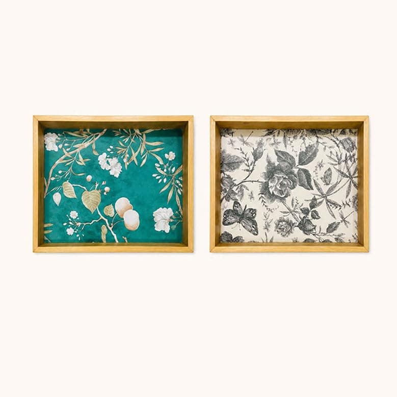 Woodwolf® Wooden Serving Tray, Teal Floral Pattern, Pure Wood, Natural Clear Matte Finish, Rectangular, 15x10 Inch, Set of 2