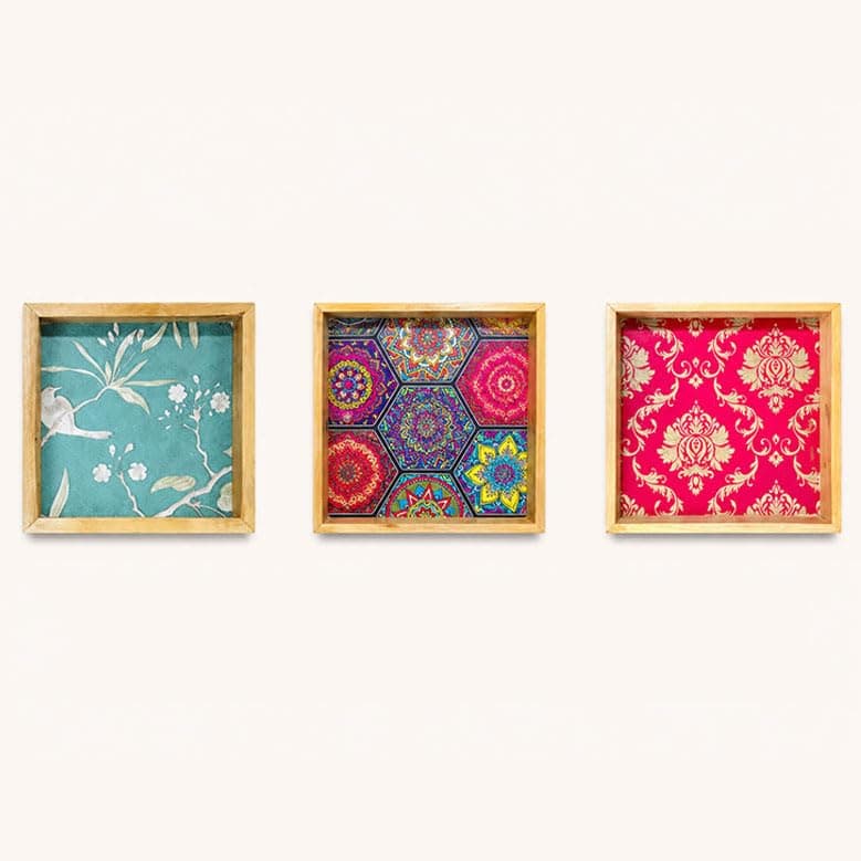 Woodwolf® Wooden Serving Tray Set of 3, 12x12 Inch, Decorative Printed Trays, Natural Clear Matte Finish, Floral & Mandala Patterns