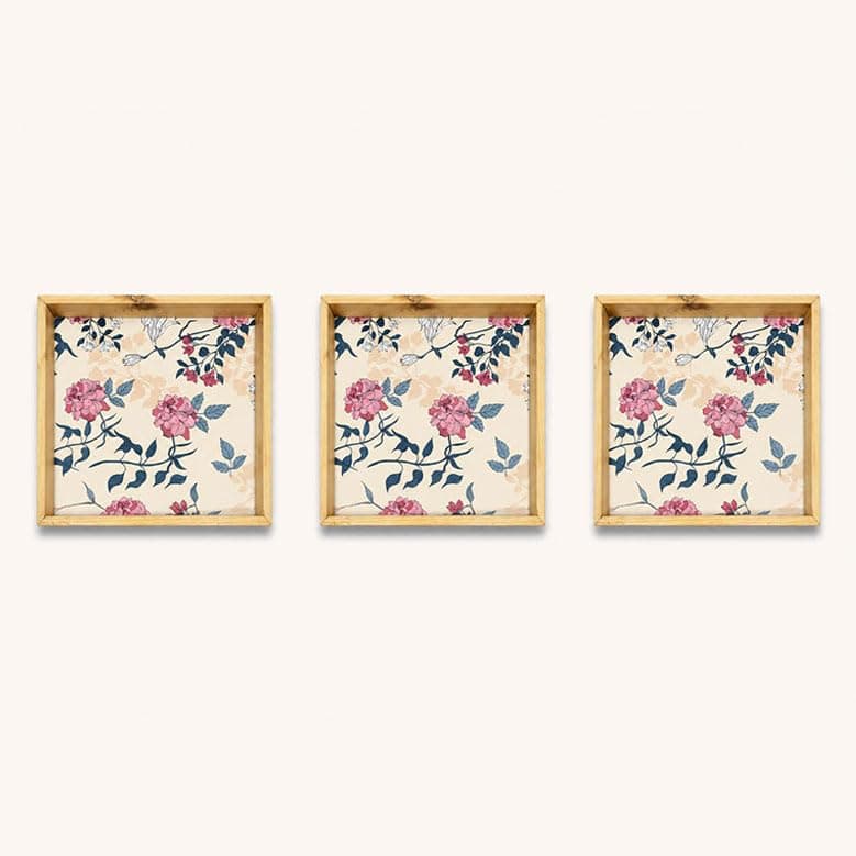 Woodwolf® Wooden Serving Tray Set of 3 (12x12 Inch) | Floral Decorative Tea & Snack Trays | Premium Multipurpose Wooden Tray for Kitchen & Home Decor