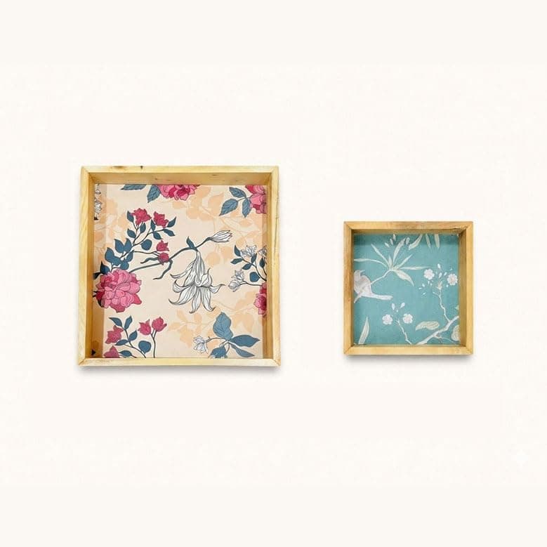 Woodwolf® Wooden Serving Tray Set of 2, Floral Pattern, Natural Clear Matte Finish, 12 Inch & 8 Inch, Farmhouse Style