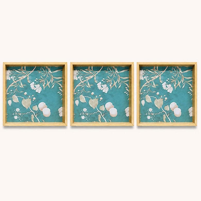 Woodwolf® Teal Floral Wooden Serving Tray, Pure Wood, Natural Matt Polished, 12x12 Inch, Set of 3, Multipurpose Home Decor  