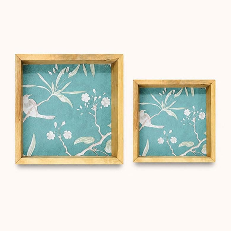 Woodwolf® Wooden Serving Tray Set of 2, Teal Floral, Natural Clear Matte Finish, Square Trays, 12x12 & 8x8 Inches