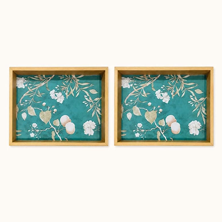 Woodwolf® Wooden Serving Tray, Teal Floral Pattern, 15x10 Inch, Set of 2, Rectangular, Natural Clear Matte Finish, Multipurpose Decorative Tray
