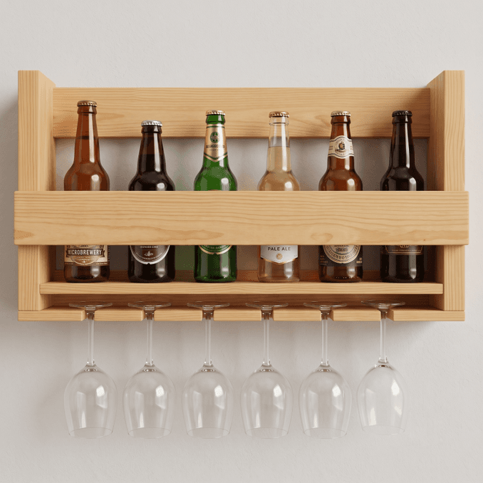 Woodwolf® Pine Wood Wall Mounted Wine Rack with Stemware Glass Holder | Wooden Bottle Storage & Display Organizer for Home Bar-natural