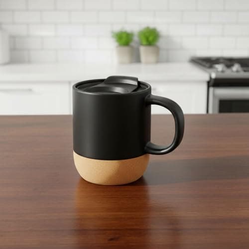 Woodwolf® Ceramic Coffee Mug with Cork Bottom and Spill-Resistant Lid