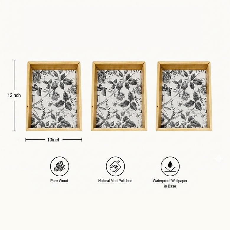 Wooden Serving Tray, Floral Pattern, Natural Clear Matte Finish, Rectangular, Farmhouse Style - Woodwolf Image 2