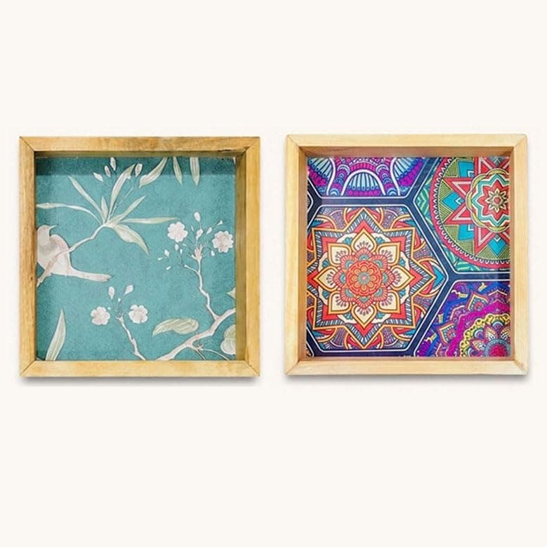 Woodwolf® Wooden Serving Tray Set of 2, Square, Natural Clear Matte Finish, Floral & Mandala Pattern, 12 Inch