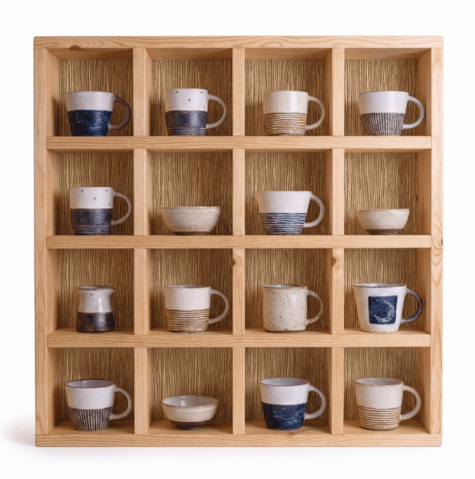 Woodwolf® 4x4 Pine Wood Mug Holder | 16 Compartment Wall Mounted Coffee Cup Storage Rack | Laminate Back Panel-natural-4.5x4.5 Inch