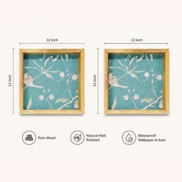 Wooden Serving Tray Set of 2, Teal Floral Pattern, 12x12 Inch, Natural Clear Matte Finish, Farmhouse Style, for Coffee Table & Home Décor - Thumbnail 5