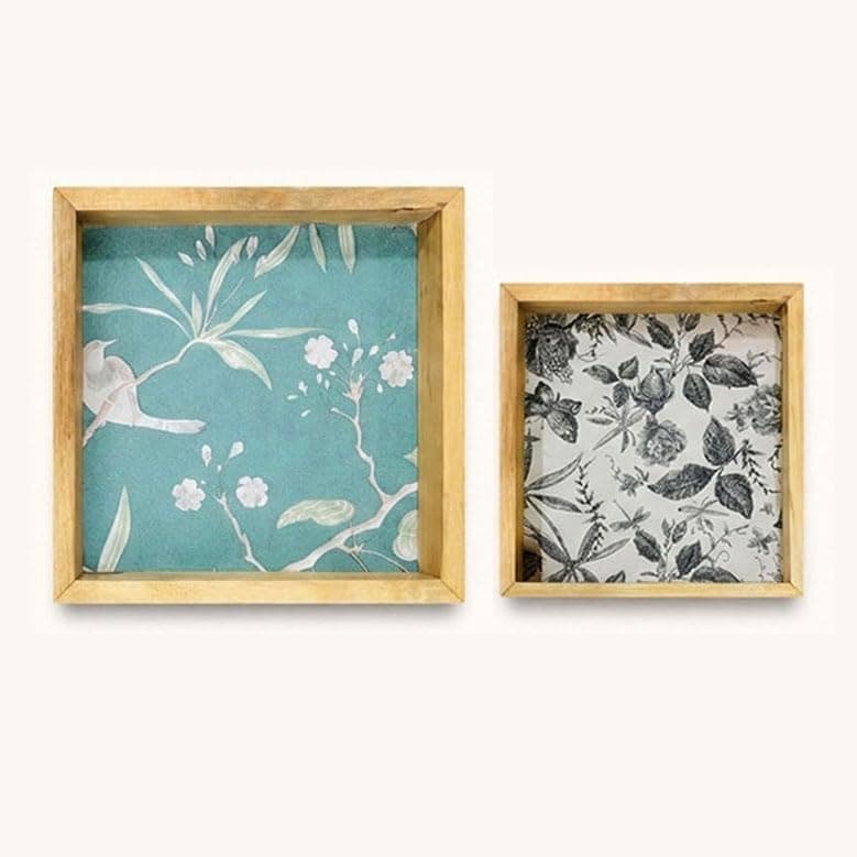 Woodwolf® Wooden Serving Tray Set of 2, Floral Pattern, Natural Wood Finish, Rustic Farmhouse Style, Waterproof Base, 12 & 8 Inch