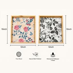 Wooden Serving Tray Set of 2, Floral Pattern, Natural Clear Matte Finish, Farmhouse Style - Thumbnail 2