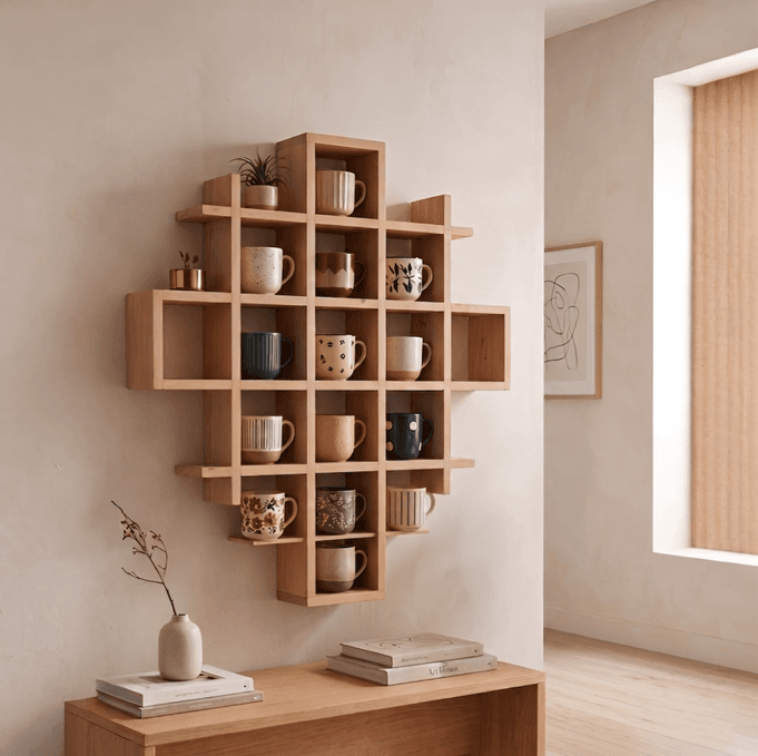 Woodwolf® Pine Wood Wall Mounted Mug Rack | Multi-Compartment Coffee Cup Storage & Display Rack-natural