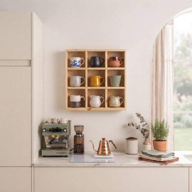 Natural 4.5x4.5" 9-Slot Mug Rack Laminate Back | Woodwolf - Modern Home Decor & Room Styling