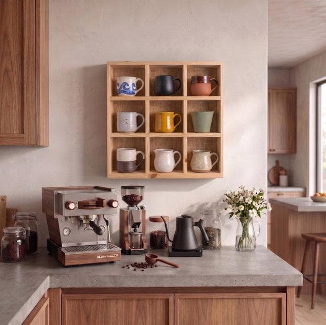 Natural 4.5x4.5" 9-Grid Mug Rack with Jute Panel | Woodwolf - Modern Home Decor & Room Styling