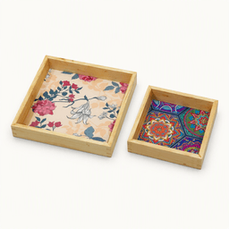 Wooden Serving Tray Set of 2 Decorative Printed Nesting Trays for Tea, Snacks & Home Decor - Thumbnail 3