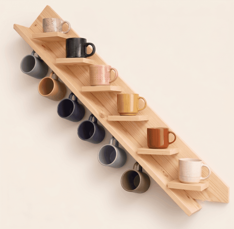 Wooden Coffee Mug Holder Wall Mount | 6-Hook Mug Rack Organizer with Top Display Shelf for Home Kitchen Use-natural - Woodwolf Image 3