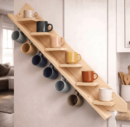 Wooden Coffee Mug Holder Wall Mount | 6-Hook Mug Rack Organizer with Top Display Shelf for Home Kitchen Use-natural - Thumbnail 2