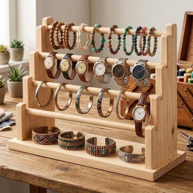 Wooden Bracelet & Bangle Display Stand with 4-Layer Organizer Shelf-natural - Woodwolf Image 2