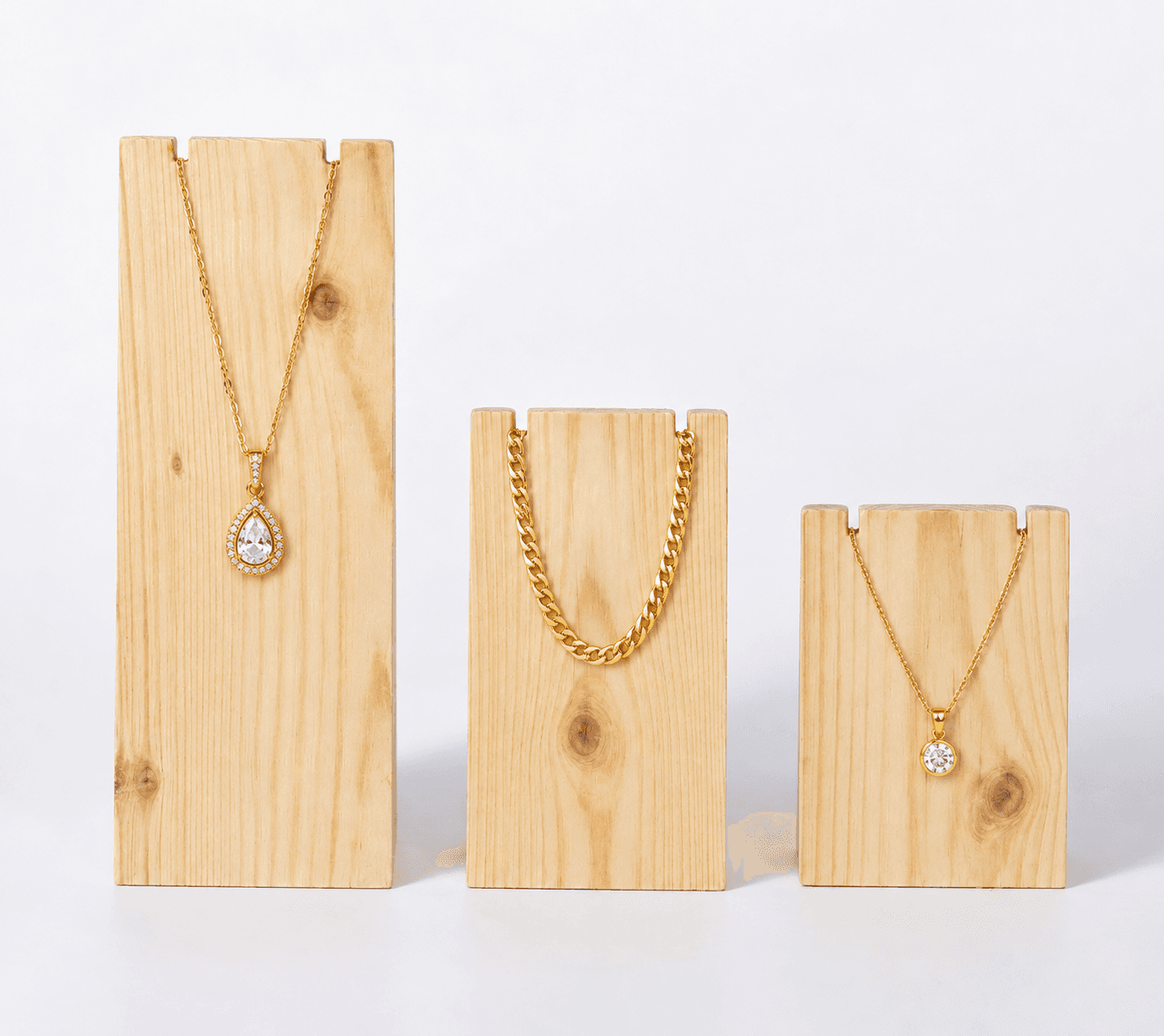 Pine Wood Necklace Display Stand Set | 3-Piece Jewelry Holder for Necklaces, Chains & Pendants-natural