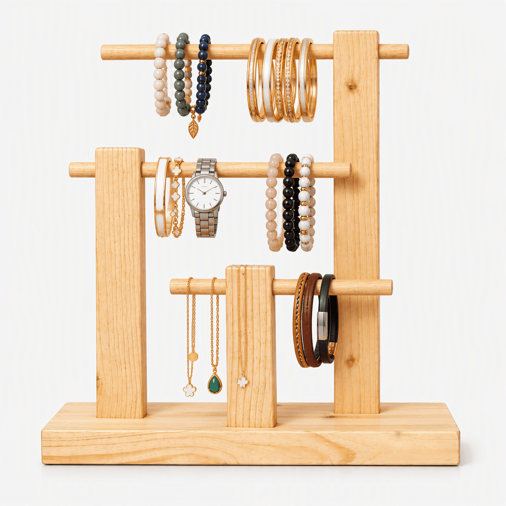 Pine Wood 3-Tier Display Stand for Bracelets, Bangles, Watches & Jewelry | Wooden Organizer Holder-natural