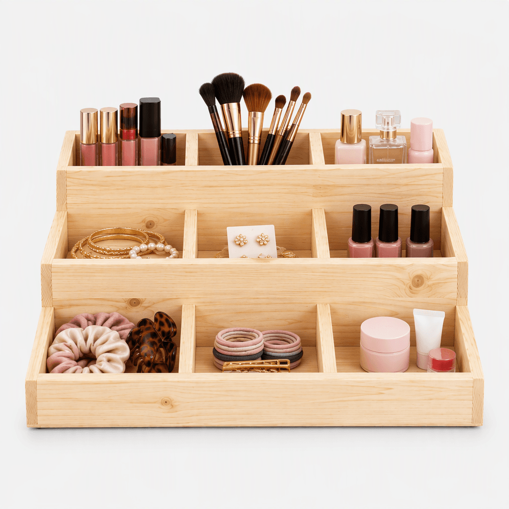 3-Tier Pine Wood Organizer Display Stand with Compartments for Countertop Storage & Display-natural - Woodwolf Image 1