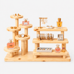 5-Tier Wooden Display Stand with 3-Tier Shelf & Round Platform Organizer-natural - Thumbnail 1