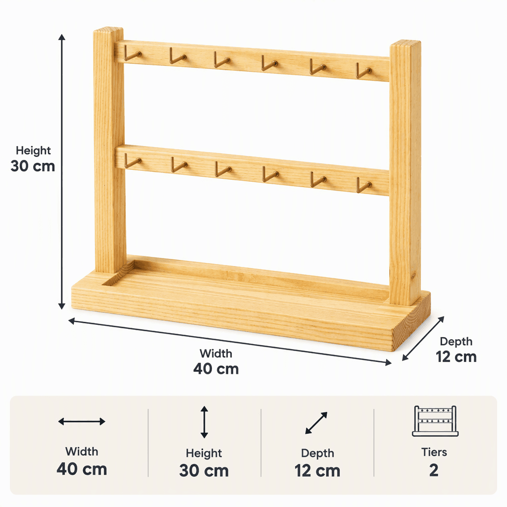 Wooden Jewelry Display Stand | Necklace, Earring & Bracelet Organizer with Brass Hooks-natural-2T - Woodwolf Image 5