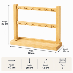 Wooden Jewelry Display Stand | Necklace, Earring & Bracelet Organizer with Brass Hooks-natural-2T - Thumbnail 5