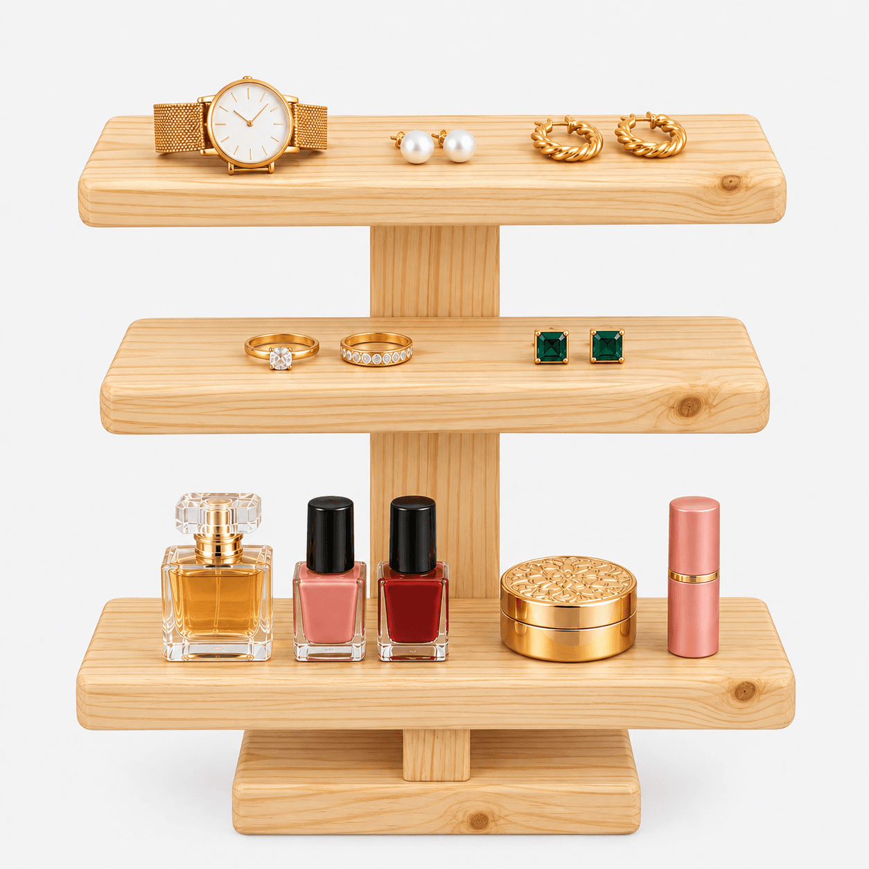 Wooden 3-Tier Display Stand Riser for Jewellery, Decor & Retail Counter Organization-natural - Woodwolf Image 1